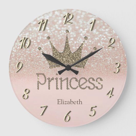 Chic Charming Tiara, Prinzessin, Glittery Bokeh Große Wanduhr (Vorderseite)