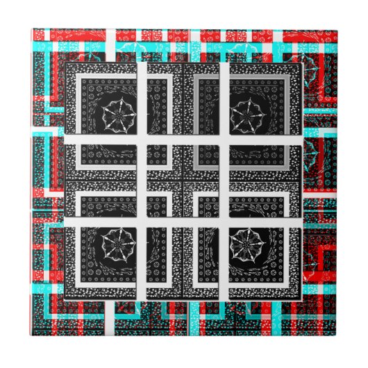 Chic Checkered Black, White & Red Graphics Design Fliese (Vorderseite)
