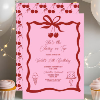Chic Cherry auf Top Bow Pink und Red Birthday Einladung