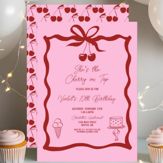 Chic Cherry auf Top Bow Pink und Red Birthday Einladung