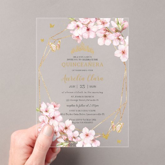 Chic Cherry Blossoms Floral Quinceañera Sweet 16 Acryleinladungen (Insitu (Handheld))