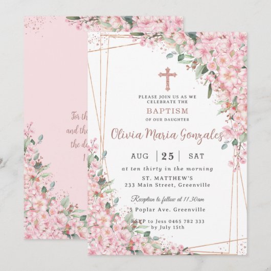 Chic Cherry Blossoms Rose Gold Christening Taufe Einladung (Vorne/Hinten)
