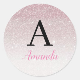 Chic Chic Pink Glitzer Monogram Name + Initial Runder Aufkleber