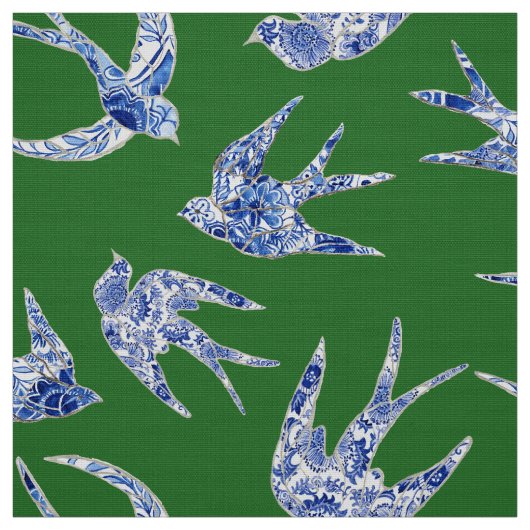 Chic Chinoiserie Schluchten Vögel Blauer Blau Grün Stoff (Muster)
