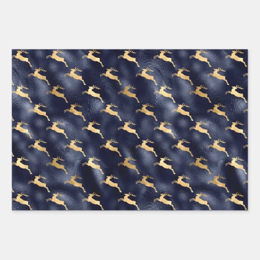Chic Christmas Deer Pattern Navy Blue Gold Foil Geschenkpapier Set (Vorderseite)