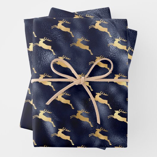 Chic Christmas Deer Pattern Navy Blue Gold Foil Geschenkpapier Set (Beispiel)