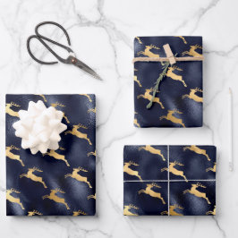 Chic Christmas Deer Pattern Navy Blue Gold Foil Geschenkpapier Set