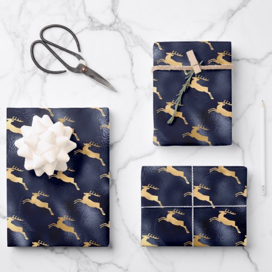 Chic Christmas Deer Pattern Navy Blue Gold Foil Geschenkpapier Set (Vorderseite)