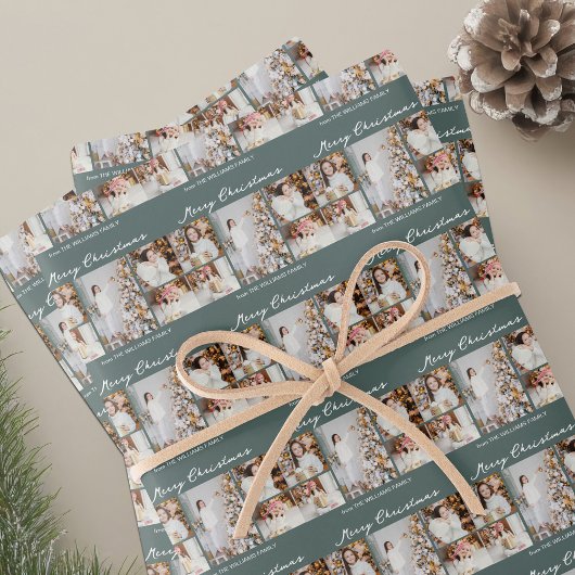 Chic Christmas Family Photo Collage Grey Green Geschenkpapier Set