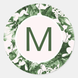 Chic Christmas Green Holly Print Monogram Runder Aufkleber