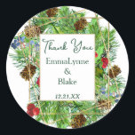 Chic Christmas Greenery Vielen Dank für Ihr Hochze Runder Aufkleber<br><div class="desc">Entdecken Sie unsere exquisite Aquareller Weihnachtsgrün-Kollektion, die üppige und üppige Elemente der Urlaubssaison präsentiert. Das einzigartige Grün-Sortiment umfasst lebendige grüne Pinienwälder, reiche braune Pinienbäume, zarte blaue Zedernbeeren und festliche, rote Holly-Beeren, alles Set vor weißem Hintergrund. Eine seltene Touch aus goldenem Blattwerk, die dem Design eine Touch von Opulenz verleiht, wird...</div>