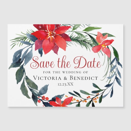 Chic Christmas Poinsettia Wreath Website QR Code Magneteinladung (Vorderseite)