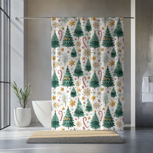 Chic Christmas Trees Watercolor Holiday Curtain Duschvorhang