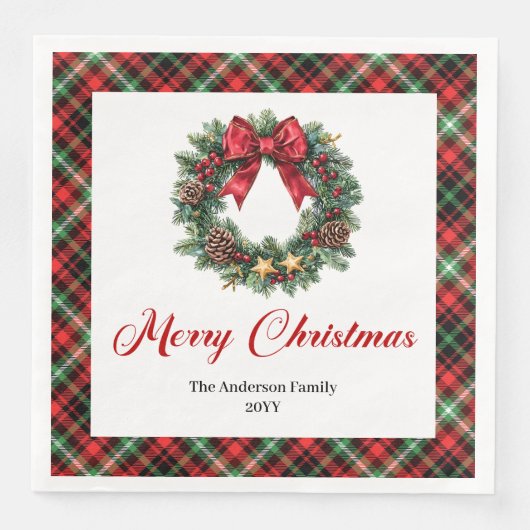 Chic Christmas Wreath with Red Green Plaid Napkins Serviette (Vorderseite)