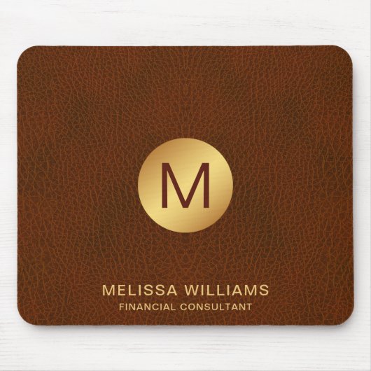 Chic Classy Imitats Brown Leather & Gold Initialen Mousepad (Vorne)