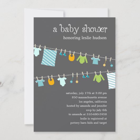 Chic Clothesline Baby Shower Invitation (Boy) Einladung (Vorderseite)