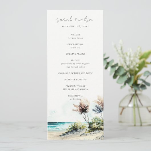 Chic Coastal Palm Beach Seascape Hochzeitsprogramm Einladung (Stehend Vorderseite)