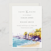 Chic Coastal Sand Beach Rocky Seascape Wasserfarbe Save The Date (Vorne/Hinten)