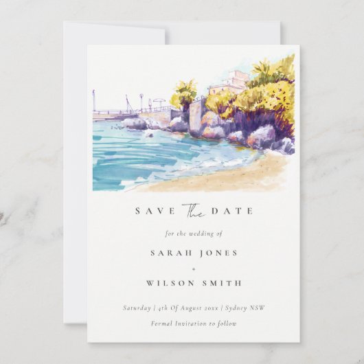 Chic Coastal Sand Beach Rocky Seascape Wasserfarbe Save The Date (Vorderseite)