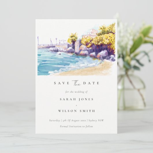 Chic Coastal Sand Beach Rocky Seascape Wasserfarbe Save The Date (Stehend Vorderseite)