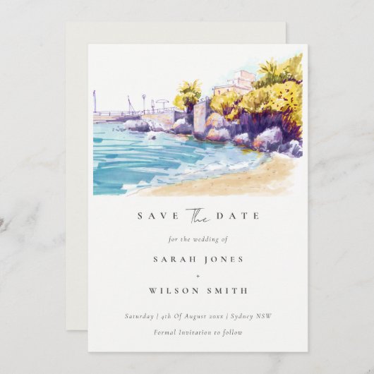 Chic Coastal Sand Beach Rocky Seascape Wasserfarbe Save The Date (Vorne/Hinten)