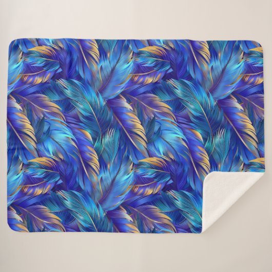 Chic Cobalt Blue Gold Federn Muster Sherpadecke (Vorderseite (Horizontal))
