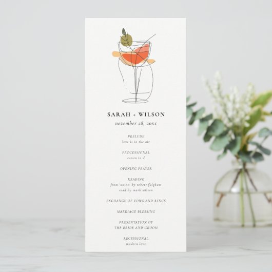 Chic Cocktail Wine Line Zeichnend Hochzeitsprogram Einladung (Stehend Vorderseite)