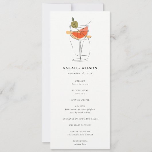Chic Cocktail Wine Line Zeichnend Hochzeitsprogram Einladung (Vorderseite)