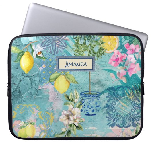 Chic Collage blau türkis sizilianisch Zitrusblüte Laptopschutzhülle (Vorderseite)