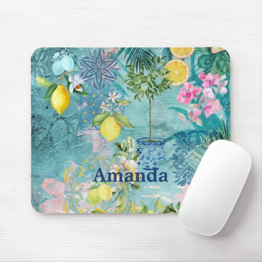 Chic Collage blau türkis sizilianisch Zitrusblüte Mousepad (Mit Mouse)