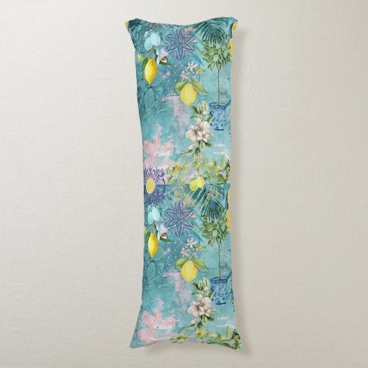 Chic Collage blau türkis sizilianisch Zitrusblüte Seitenschläferkissen (Vorderseite Vertikal)