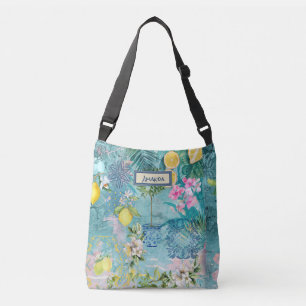 Chic Collage blau türkis sizilianisch Zitrusblüte Tragetaschen Mit Langen Trägern