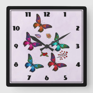 Chic Colorful Butterflies Pattern on Pastel Pink Quadratische Wanduhr