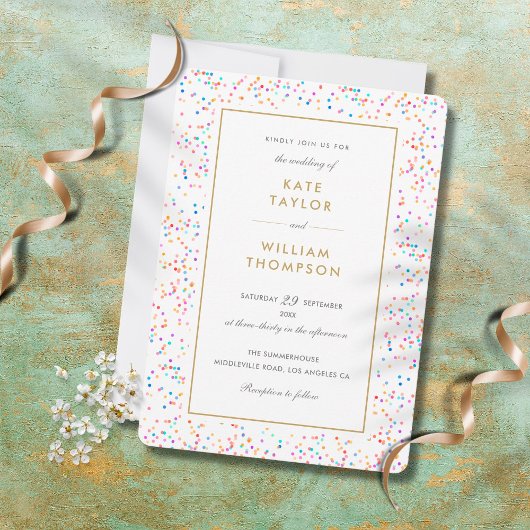 Chic Colorful Rainbow Confetti Wedding Einladung