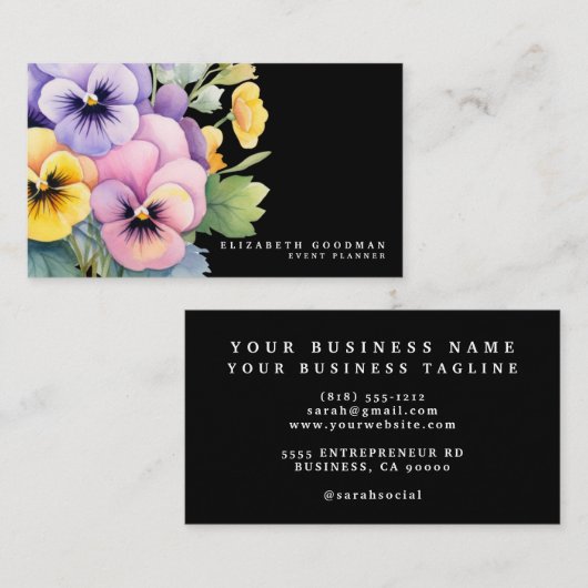 Chic Colorful Spring Stiefmütterchen Black Busines Visitenkarte (Vorne/Hinten)
