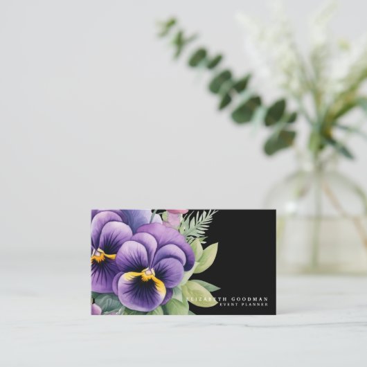 Chic Colorful Spring Stiefmütterchen Black Busines Visitenkarte (Stehend Vorderseite)