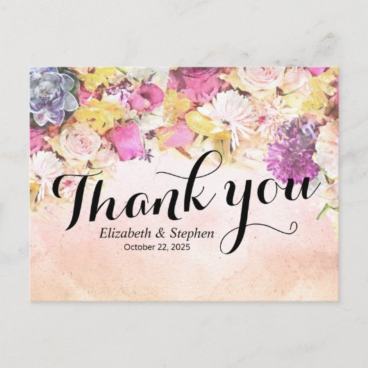 Chic Colorful Watercolor Blume Hochzeit Vielen Dan Postkarte (Vorderseite)