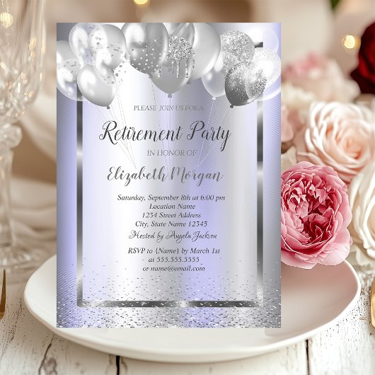 Chic Confetti Balloons Violet Metallic Pensionieru Einladung