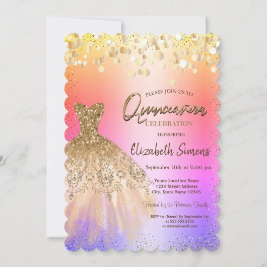 Chic Confetti Dots, Chic Dress Quinceañera Einladung (Vorderseite)