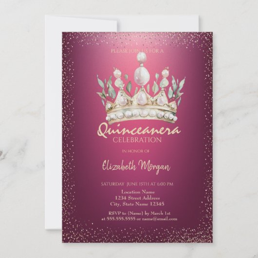 Chic Confetti Watercolor Crown Red Quinceañera Einladung (Vorderseite)