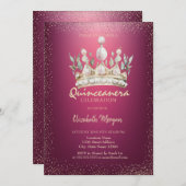 Chic Confetti Watercolor Crown Red Quinceañera Einladung (Vorne/Hinten)