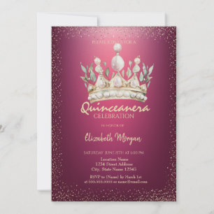 Chic Confetti Watercolor Crown Red Quinceañera Einladung