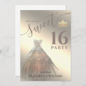Chic Cool glänzendes Goldkleid tiara Sweet 16 Einladung (Vorne/Hinten)