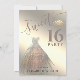 Chic Cool glänzendes Goldkleid tiara Sweet 16 Einladung