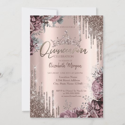 Chic Cool Glitter Crown Drop Dark Roses Einladung (Vorderseite)