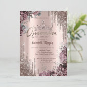 Chic Cool Glitter Crown Drop Dark Roses Einladung (Stehend Vorderseite)