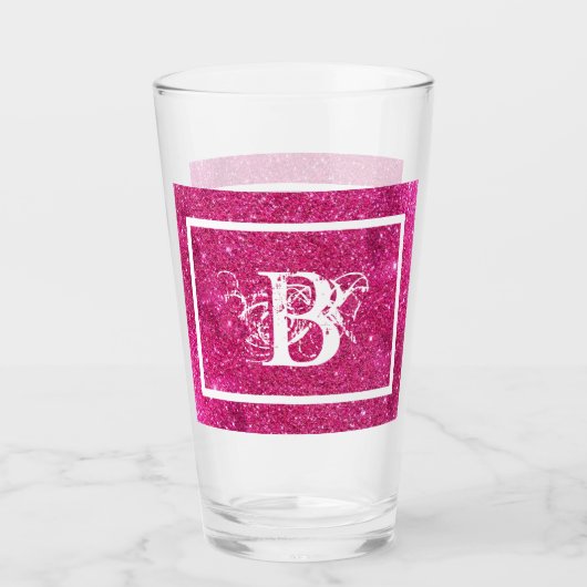 Chic Cool Pink Glitzer White Initial Monogram Glas (Vorderseite)