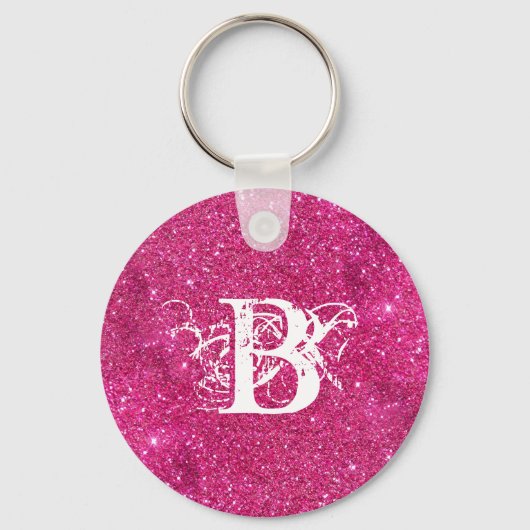 Chic Cool Pink Glitzer White Initial Monogram Schlüsselanhänger (Rückseite)