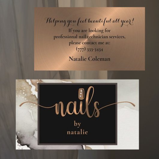 Chic Copper & Black Nail Techniker Business Card Visitenkarte