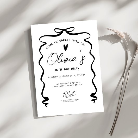 Chic coquette Black Bow 16th Birthday Party Einladung